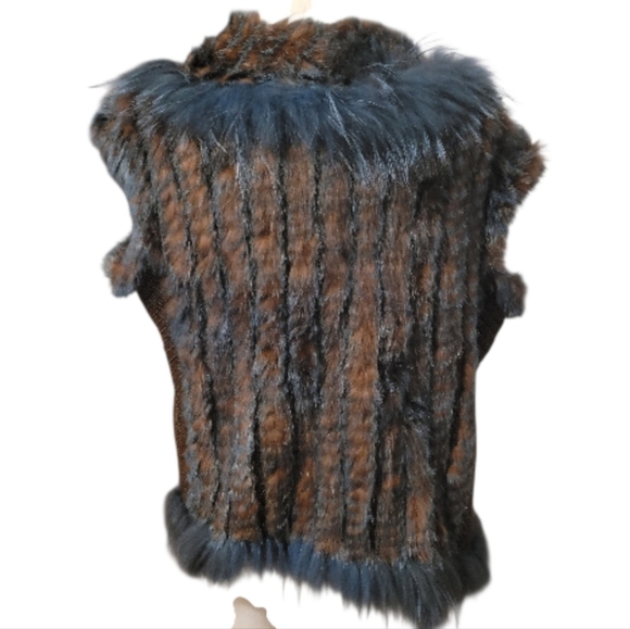 Vintage Dana Stein Collared Blue Brown Rabbit Racoon Fur Vest Coat Size XL - Picture 2 of 15